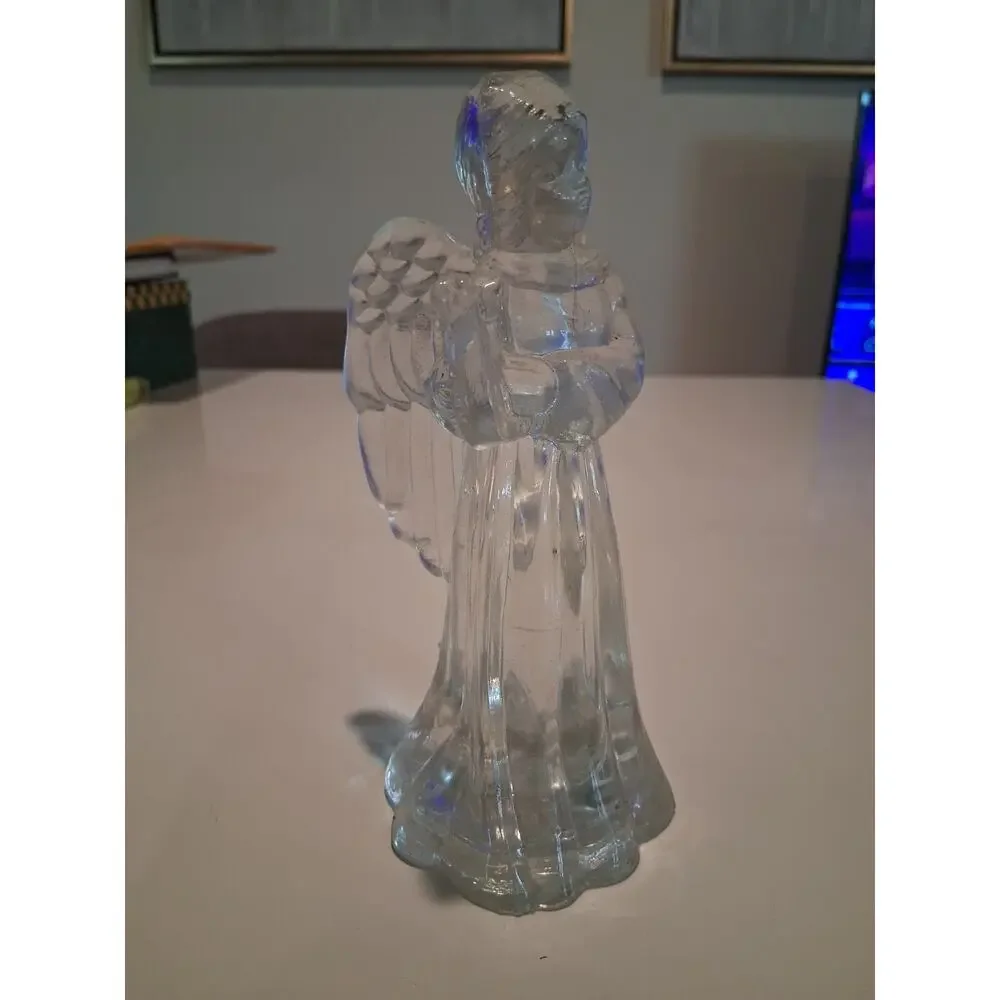 Vintage Clear Glass Angel Candlestick Holder Figurine Playing Harp Christmas...
